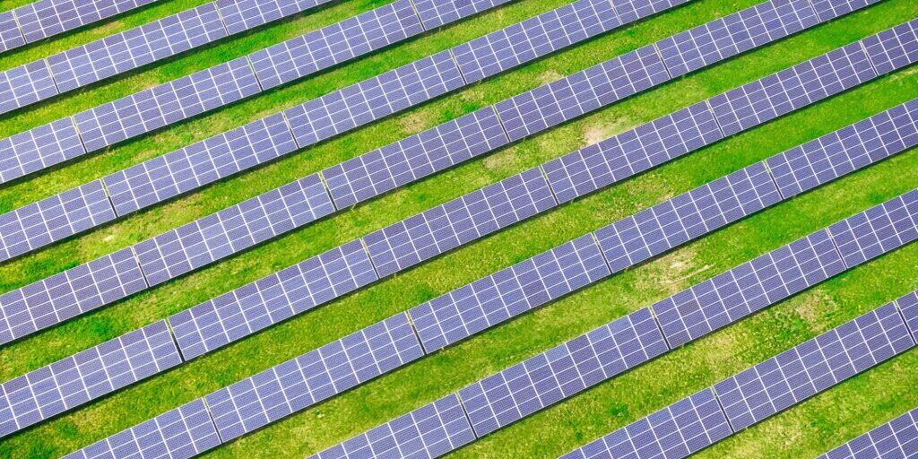 rows of solar panels on farmland