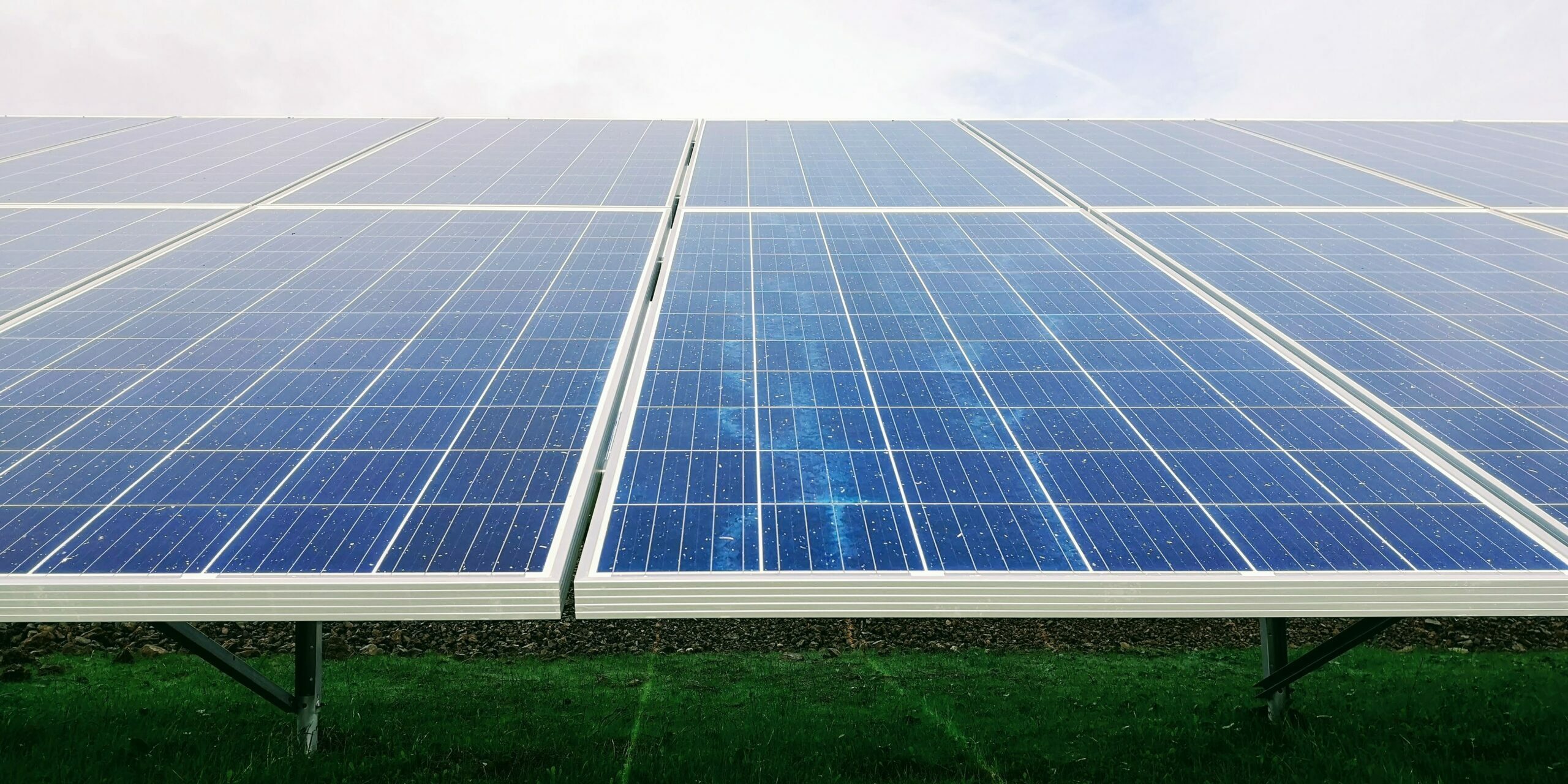 solar panels as renewable source of energy on a green grass farmland